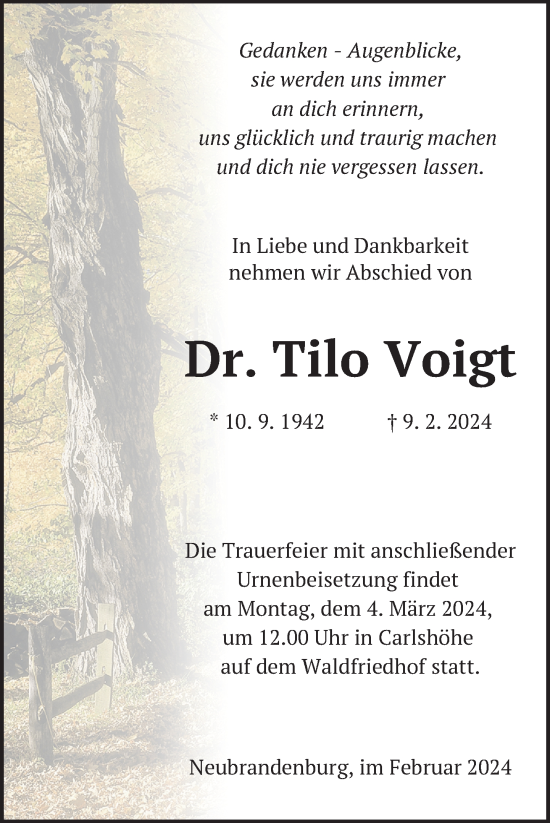 Traueranzeige von Tilo Voigt von Nordkurier Neubrandenburger Zeitung