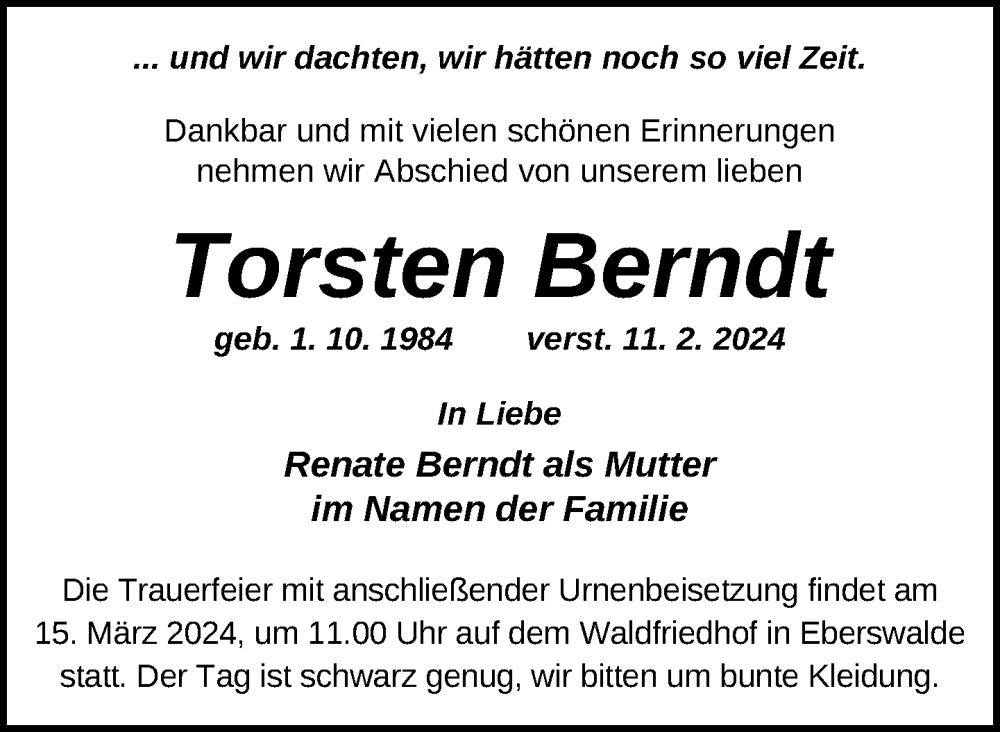  Traueranzeige für Torsten Berndt vom 24.02.2024 aus Uckermark Kurier Templiner Zeitung