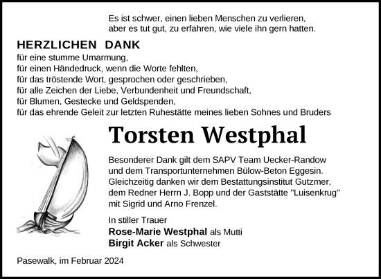 Traueranzeige von Torsten Westphal von Nordkurier Pasewalker Zeitung