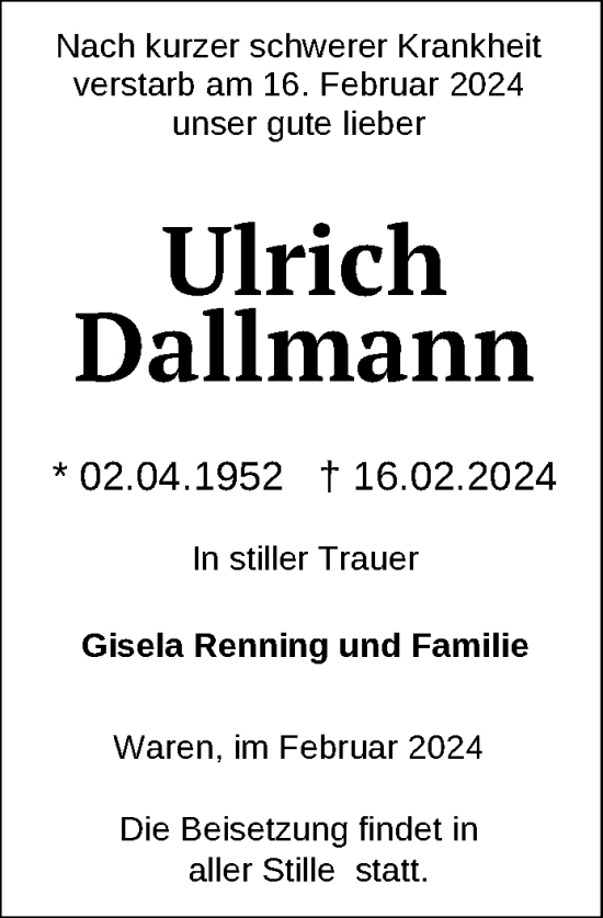 Traueranzeige von Ulrich Dallmann von Nordkurier Müritz-Zeitung