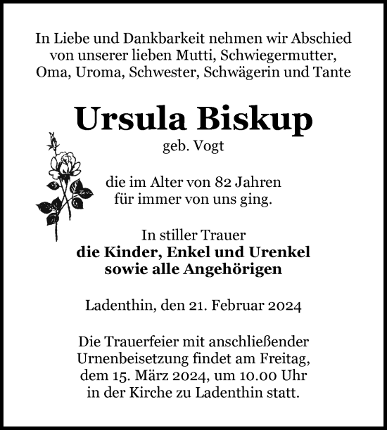 Traueranzeige von Ursula Biskup von Nordkurier Pasewalker Zeitung