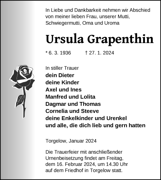 Traueranzeige von Ursula Grapenthin von Nordkurier Haff-Zeitung