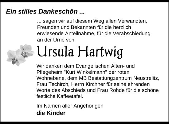 Traueranzeige von Ursula Hartwig von Nordkurier Strelitzer Zeitung