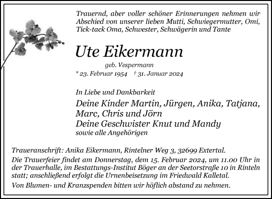 Traueranzeige von Ute Eikermann von Nordkurier Mecklenburger Schweiz