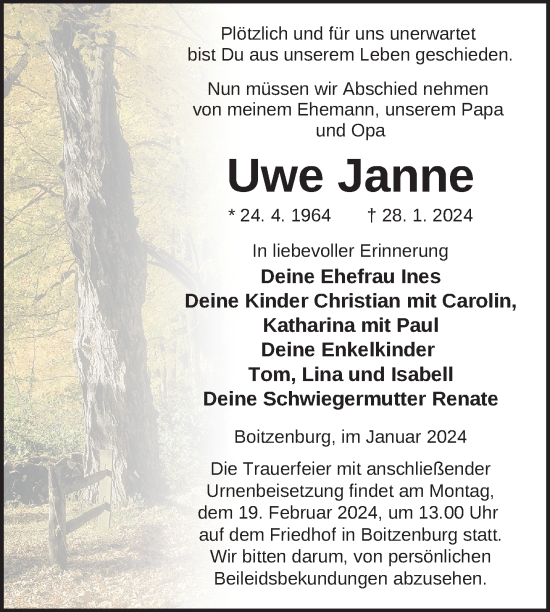 Traueranzeige von Uwe Janne von Uckermark Kurier Templiner Zeitung