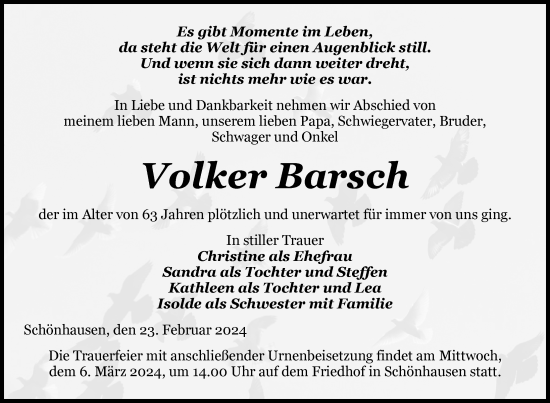 Traueranzeige von Volker Barsch von Nordkurier Pasewalker Zeitung