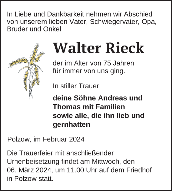 Traueranzeige von Walter Rieck von Nordkurier Pasewalker Zeitung