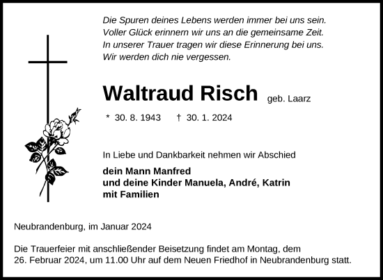 Traueranzeige von Waltraud Risch von Nordkurier Neubrandenburger Zeitung