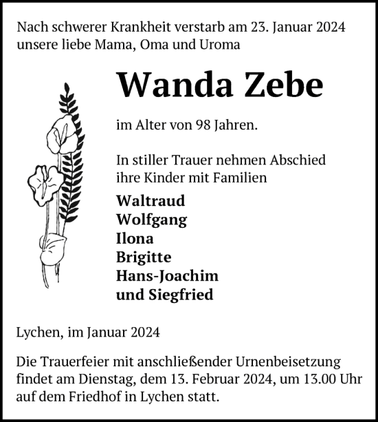 Traueranzeige von Wanda Zebe von Uckermark Kurier Templiner Zeitung