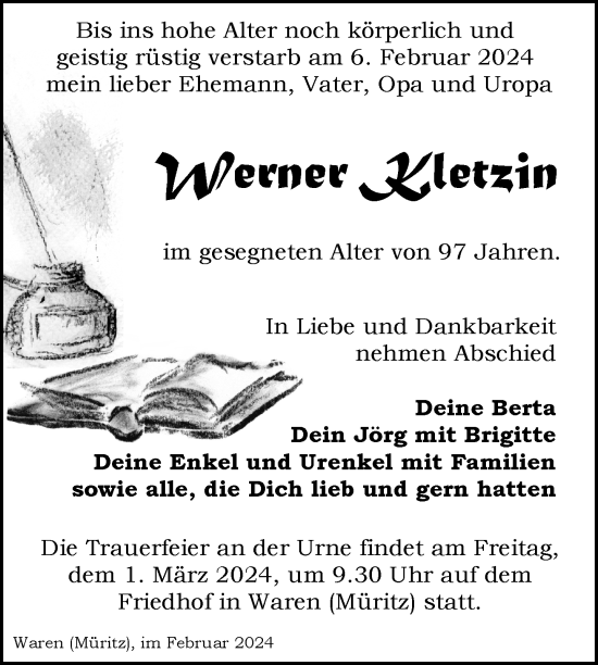 Traueranzeige von Werner Kletzin von Nordkurier Müritz-Zeitung