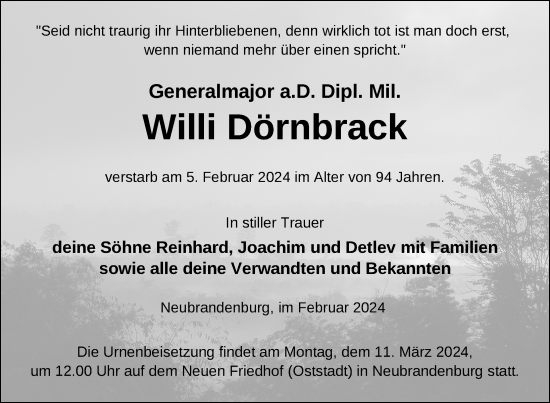 Traueranzeige von Willi Dörnbrack von Nordkurier Neubrandenburger Zeitung