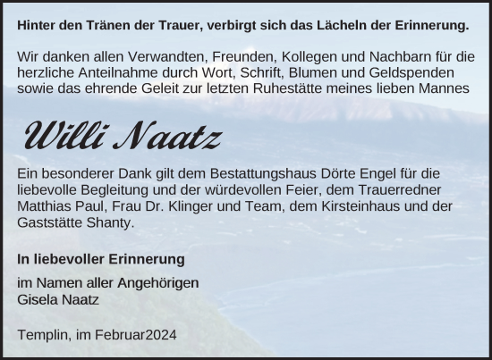 Traueranzeige von Willi Naatz von Uckermark Kurier Templiner Zeitung