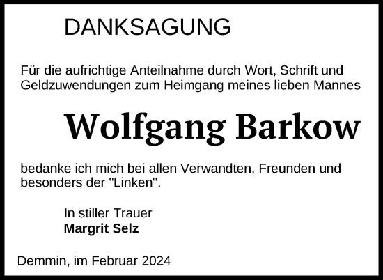 Traueranzeige von Wolfgang Barkow von Nordkurier Demminer Zeitung