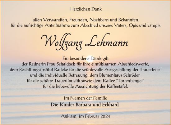 Traueranzeige von Wolfgang Lehmann von Nordkurier Vorpommern Kurier