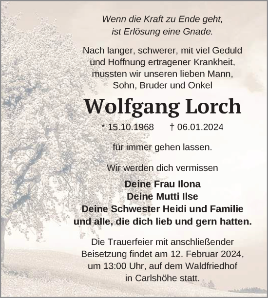 Traueranzeige von Wolfgang Lorch von Nordkurier Neubrandenburger Zeitung