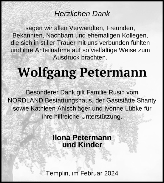 Traueranzeige von Wolfgang Petermann von Uckermark Kurier Templiner Zeitung