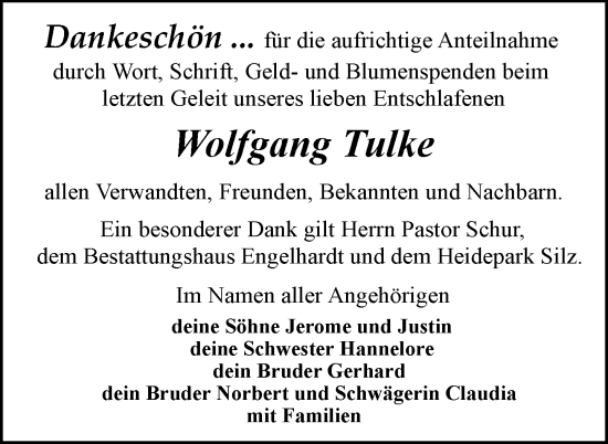 Traueranzeige von Wolfgang Tulke von Nordkurier Müritz-Zeitung