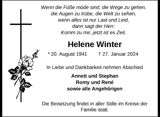 Traueranzeige von Helene Winter von Nordkurier Müritz-Zeitung