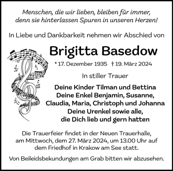 Traueranzeige von Brigitta Basedow von Güstrower Zeitung