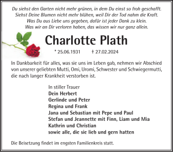 Traueranzeige von Charlotte Plath von Ludwigsluster Tageblatt