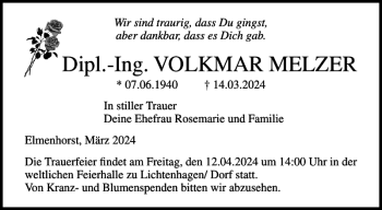 Traueranzeige von Dipl.-Ing. VOLKMAR MELZER von Norddeutsche Neueste Nachrichten