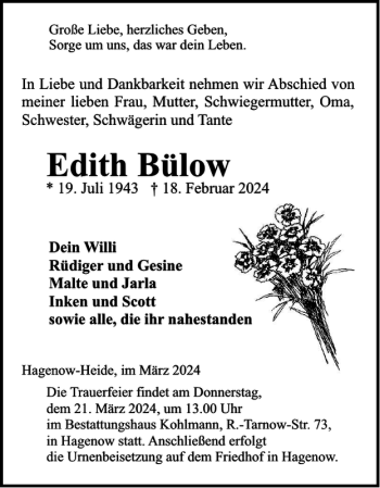 Traueranzeige von Edith Bülow von Hagenower Kreisblatt