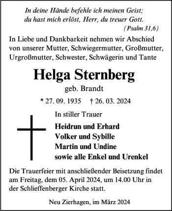 Traueranzeige von Helga Sternberg von Güstrower Zeitung