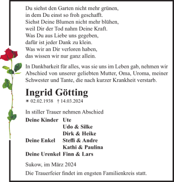 Traueranzeige von Ingrid Götting von Zeitung für die Landeshauptstadt