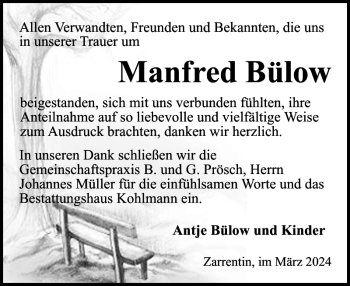 Traueranzeige von Manfred Bülow von Hagenower Kreisblatt