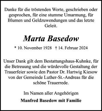 Traueranzeige von Marta Basedow von Norddeutsche Neueste Nachrichten