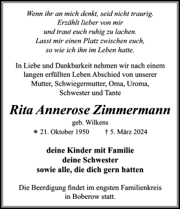 Traueranzeige von Rita Annerose Zimmermann von Der Prignitzer