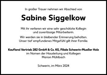 Traueranzeige von Sabine Siggelkow von Zeitung für die Landeshauptstadt