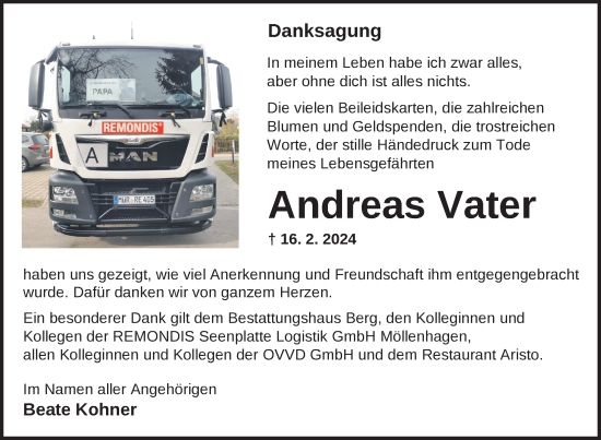 Traueranzeige von Andreas Vater von Nordkurier Müritz-Zeitung