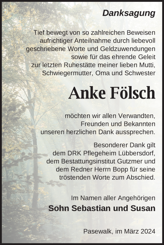 Traueranzeige von Anke Fölsch von Nordkurier Pasewalker Zeitung