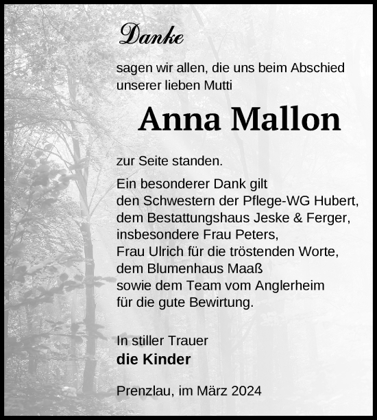 Traueranzeige von Anna Mallon von Uckermark Kurier Prenzlauer Zeitung