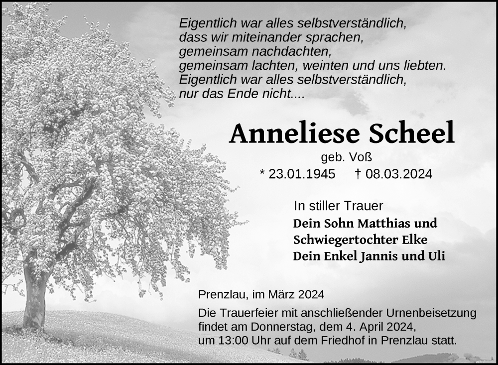  Traueranzeige für Anneliese Scheel vom 22.03.2024 aus Uckermark Kurier Prenzlauer Zeitung