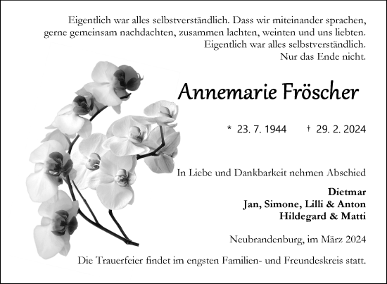 Traueranzeige von Annemarie Fröscher von Nordkurier Neubrandenburger Zeitung