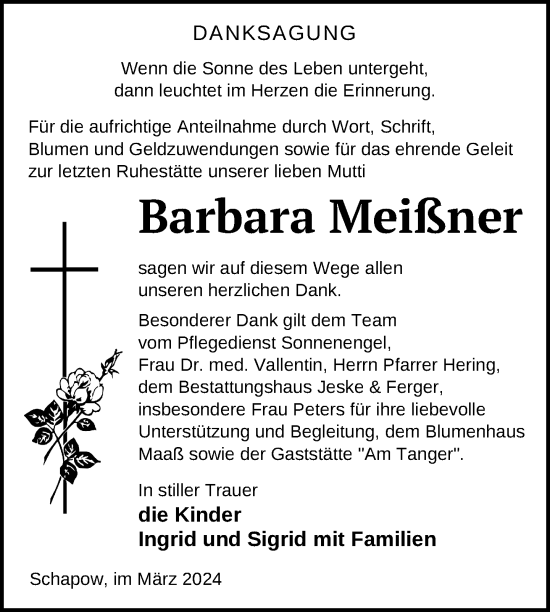 Traueranzeige von Barbara Meißner von Uckermark Kurier Prenzlauer Zeitung