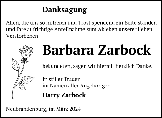 Traueranzeige von Barbara Zarbock von Nordkurier Neubrandenburger Zeitung