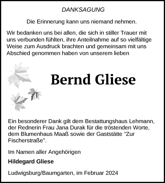 Traueranzeige von Bernd Gliese von Uckermark Kurier Prenzlauer Zeitung