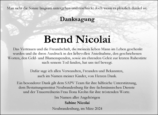 Traueranzeige von Bernd Nicolai von Nordkurier Neubrandenburger Zeitung