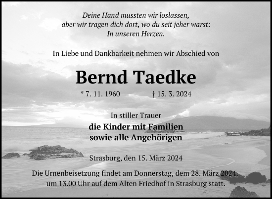 Traueranzeige von Bernd Taedke von Nordkurier Pasewalker Zeitung