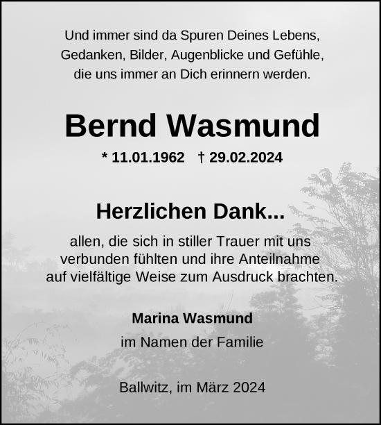 Traueranzeige von Bernd Wasmund von Nordkurier Neubrandenburger Zeitung