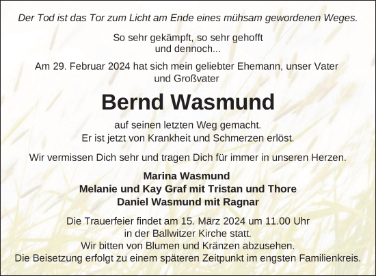 Traueranzeige von Bernd Wasmund von Nordkurier Neubrandenburger Zeitung