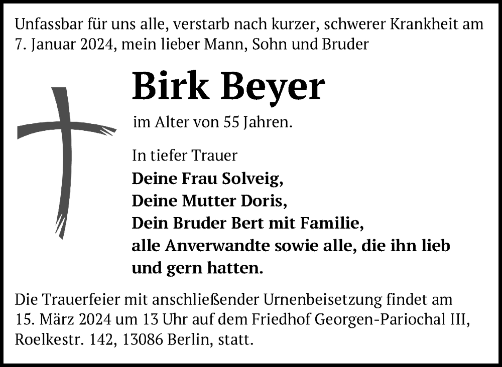  Traueranzeige für Birk Beyer vom 01.03.2024 aus Nordkurier Pasewalker Zeitung