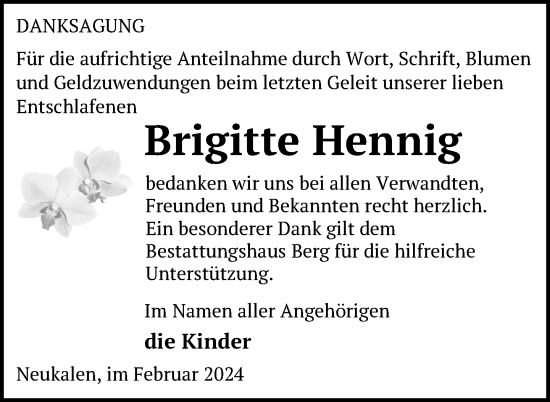 Traueranzeige von Brigitte Hennig von Nordkurier Mecklenburger Schweiz