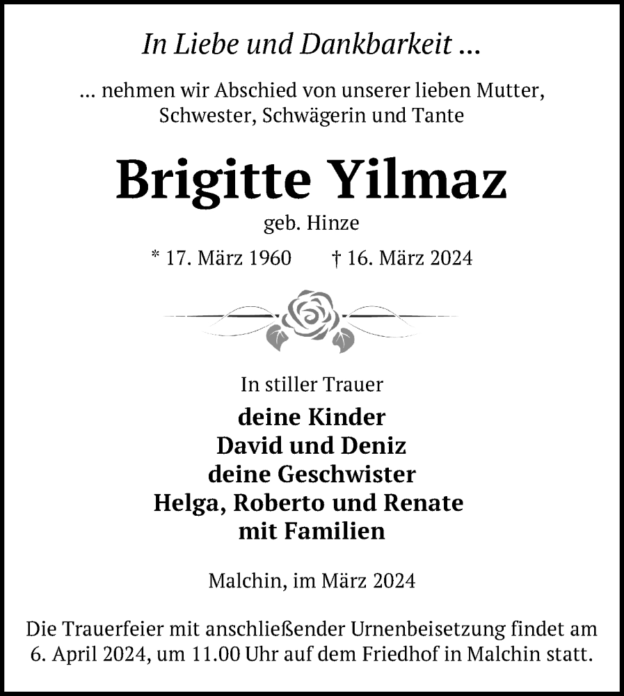  Traueranzeige für Brigitte Yilmaz vom 28.03.2024 aus Nordkurier Mecklenburger Schweiz
