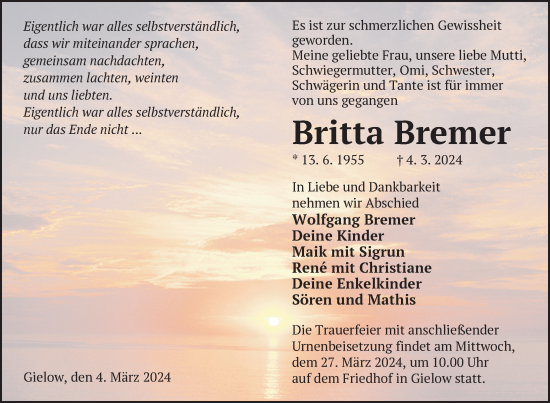 Traueranzeige von Britta Bremer von Nordkurier Mecklenburger Schweiz