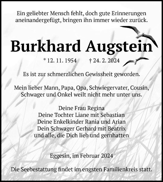Traueranzeige von Burkhard Augstein von Nordkurier Haff-Zeitung