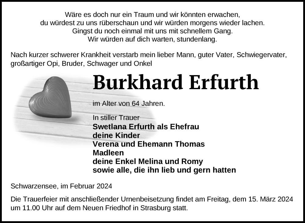  Traueranzeige für Burkhard Erfurth vom 01.03.2024 aus Nordkurier Pasewalker Zeitung